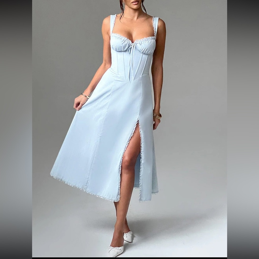Babyboo corset milkmaid midi dress with front side slit. Baby blue color.